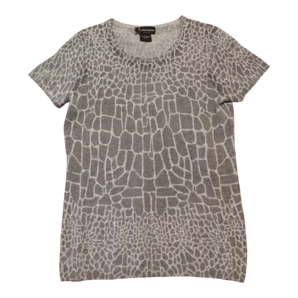 C by Bloomingdale's Cashmere Abstract Print Short Sleeve Sweater Top Size M Gray
